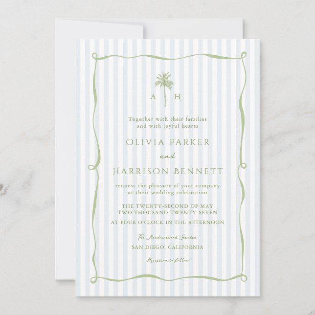Convite Blue Stripe Palm Tree Tropical Wedding Invitation (Frente)