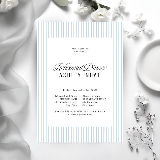 Convite Blue Striped Elegance Classy Rehearsal Dinner (Blue Striped Elegance Classy Rehearsal Dinner Invitation)