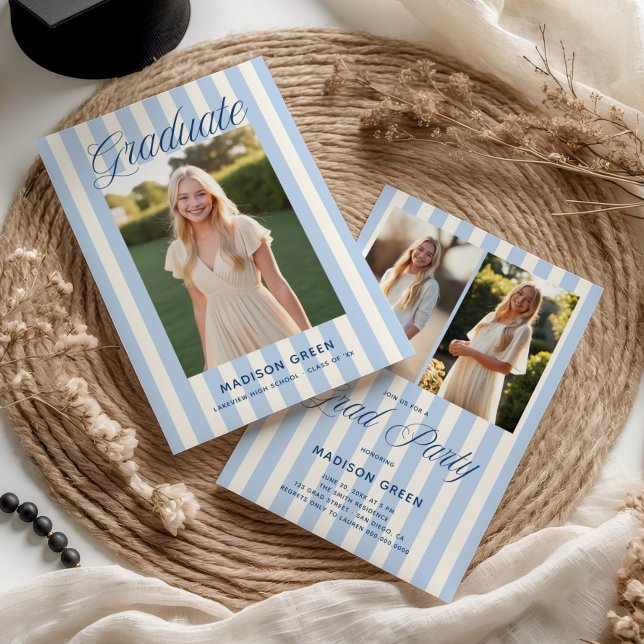 Convite Blue Striped Preppy Graduation (Criador carregado)