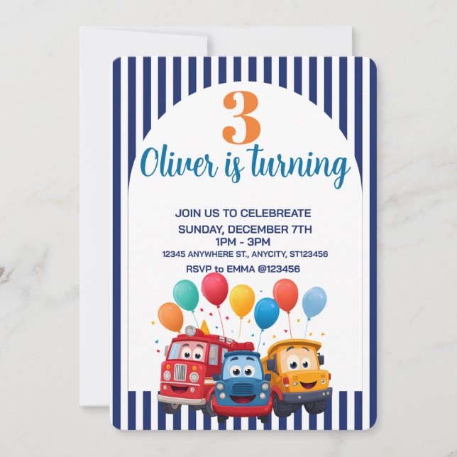 Convite Blue Striped Truck Birthday Theme Invitation (Frente)