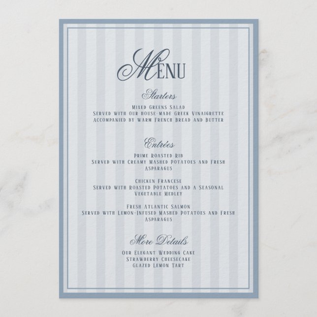Convite Blue Striped Wedding Menu  Card (Frente)