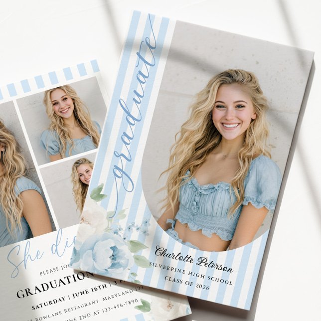 Convite Blue Stripes Floral Graduation Invitation (Criador carregado)