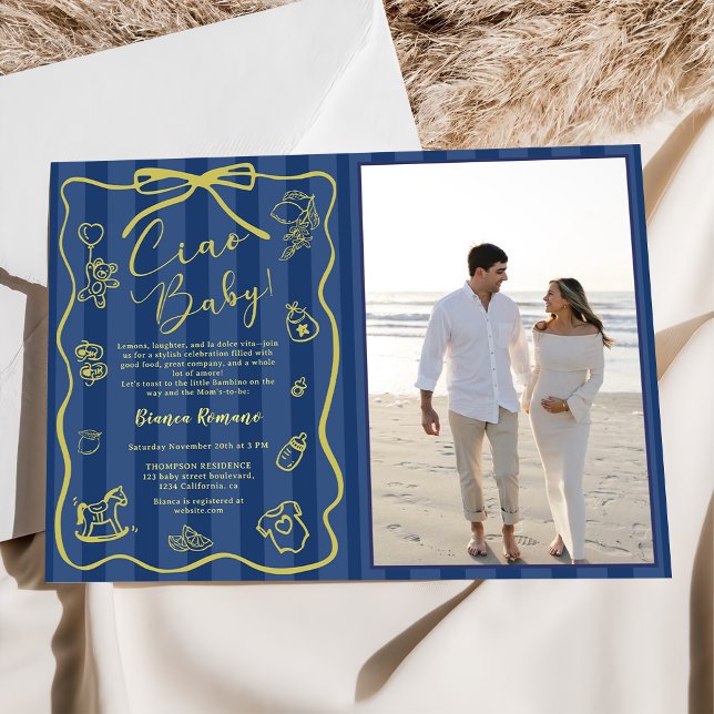 Convite Blue Stripes Italiano Themed Ciao Baby Photo (Criador carregado)