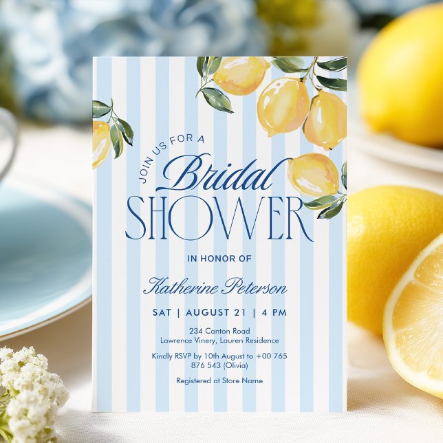Convite Blue Stripes Lemon Bridal Shower Invitation (Criador carregado)