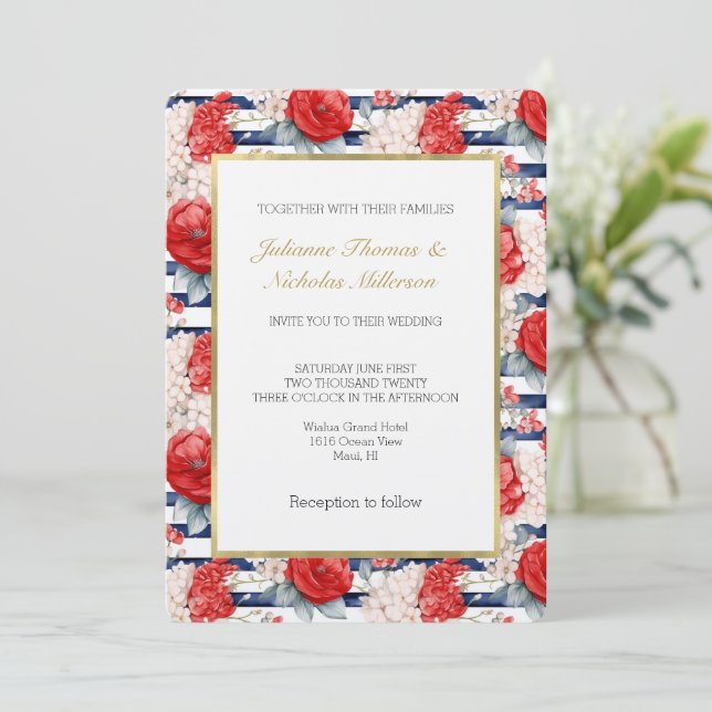 Convite Blue Stripes Red White Floral Wedding (Em pé/Frente)