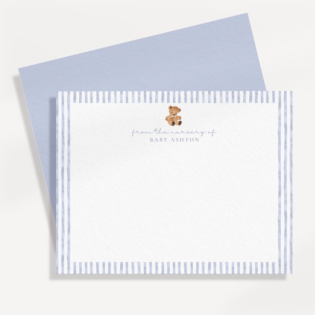 Convite Blue Stripes Teddy Bear Nursery Note Card (Criador carregado)