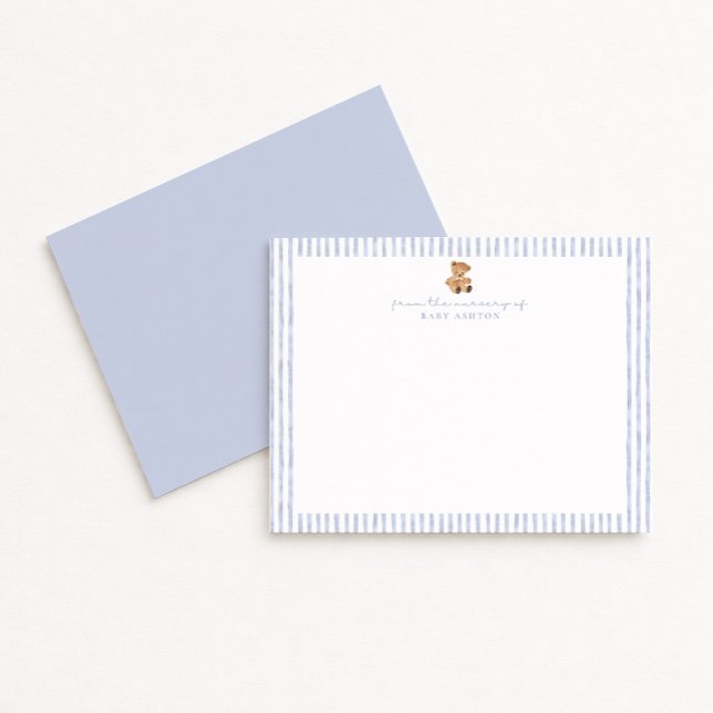 Convite Blue Stripes Teddy Bear Nursery Note Card (Criador carregado)