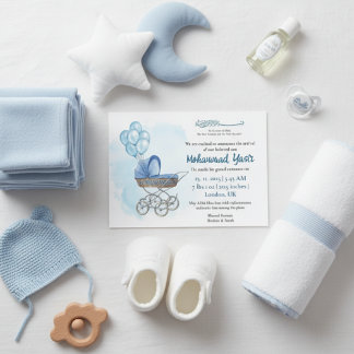Convite Blue stroller balloon muslim baby boy birth invita