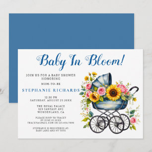 Convite Blue Stroller Floral Baby In BloChá de fraldas