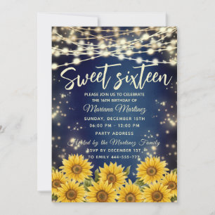 Convite Blue Sunflower String acende brilho dourado