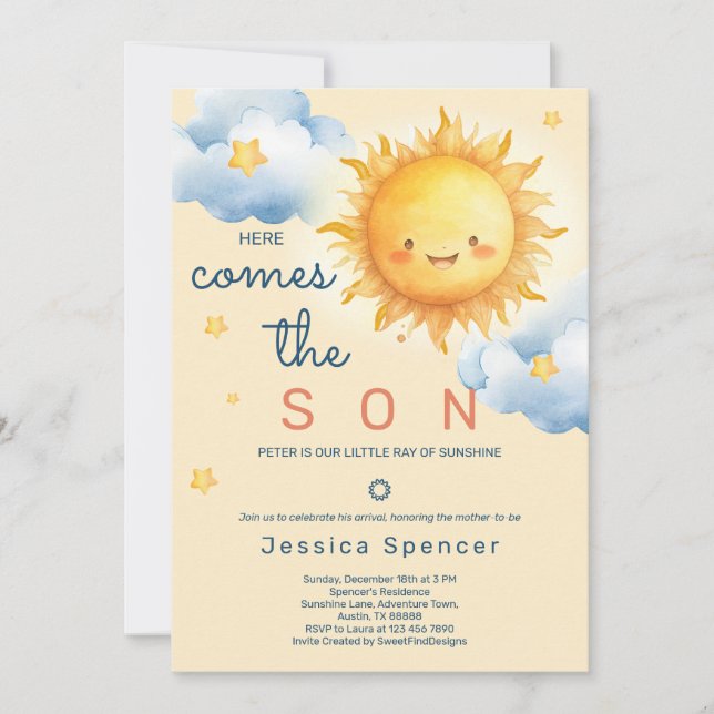 Convite Blue Sunshine Sun Here Comes the Son Baby Shower (Frente)