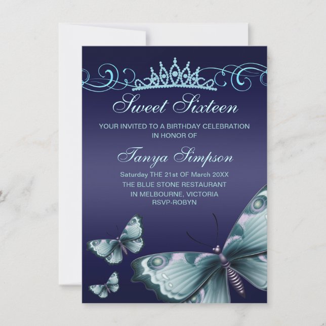 Convite Blue Sweet16 Butterfly & Tiara Birthday Invite (Frente)