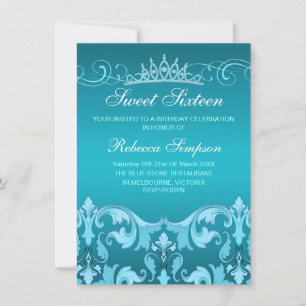 Convite Blue Sweet16 Damask & Tiara Birthday Convida