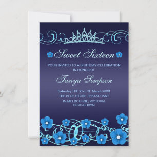 Convite Blue Sweet16 Flower & Tiara Birthday Invite