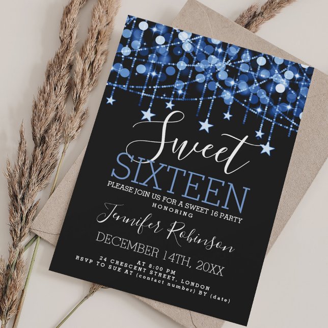 Convite Blue Sweet 16 Birthday Sparkly String Lights (Blue Sweet 16 Birthday Sparkly String Lights Invitation)
