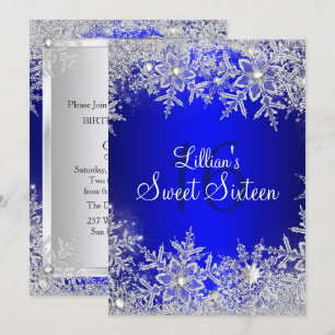 Convite Blue Sweet 16 Snowflake Winter Wonderland