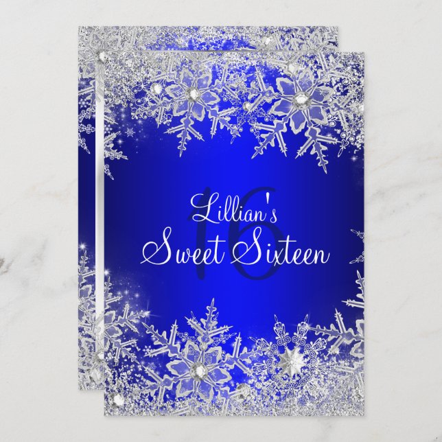 Convite Blue Sweet 16 Snowflake Winter Wonderland (Frente/Verso)