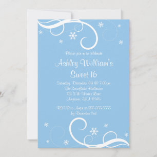 Convite Blue Sweet 16 Winter Wonderland Swirl Snowflakes