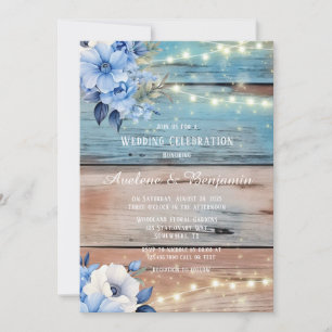 Convite Blue Tan Wood Lights Florals Celebração de Casamen