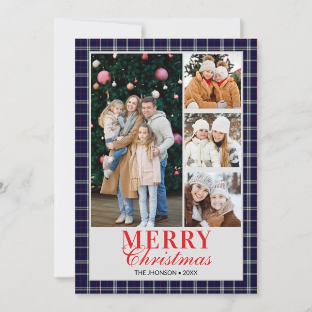 Convite Blue Tartan Preppy Christmas Photo Collage Holiday (Frente)