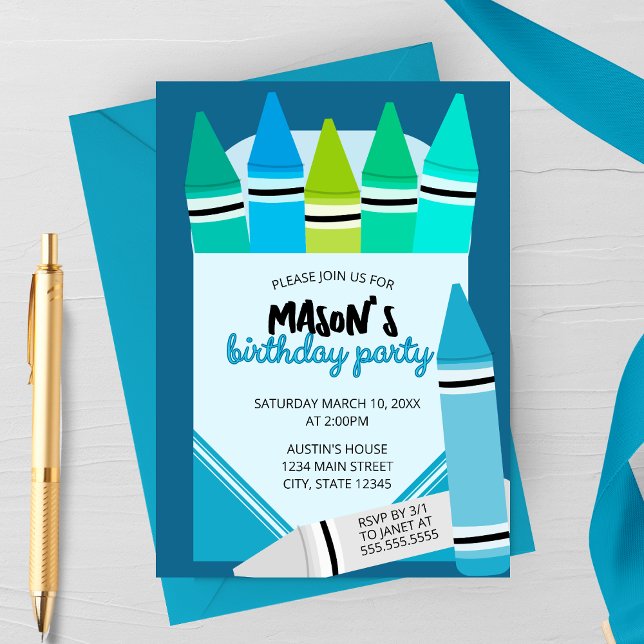 Convite Blue & Teal Crayon Birthday Party Invitation (Criador carregado)