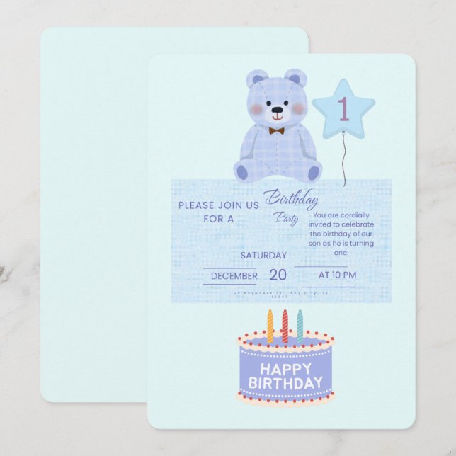 Convite Blue Teddy Bear 1st Birthday Invitation - Customiz (Frente/Verso)