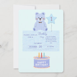 Convite Blue Teddy Bear 1st Birthday Invitation - Customiz