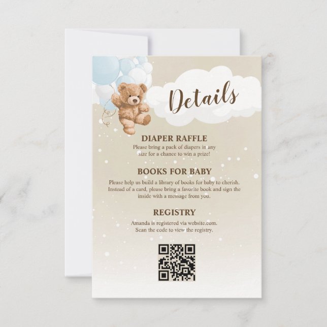 Convite Blue Teddy Bear Baby Shower Details Enclosure Card (Frente)