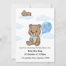 Convite Blue Teddy Bear Baby Shower Invitation 