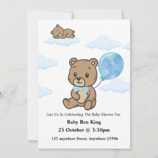 Convite Blue Teddy Bear Baby Shower Invitation