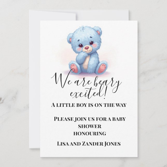 Convite Blue Teddy Bear Baby Shower Invitation | Baby Boy  (Frente)