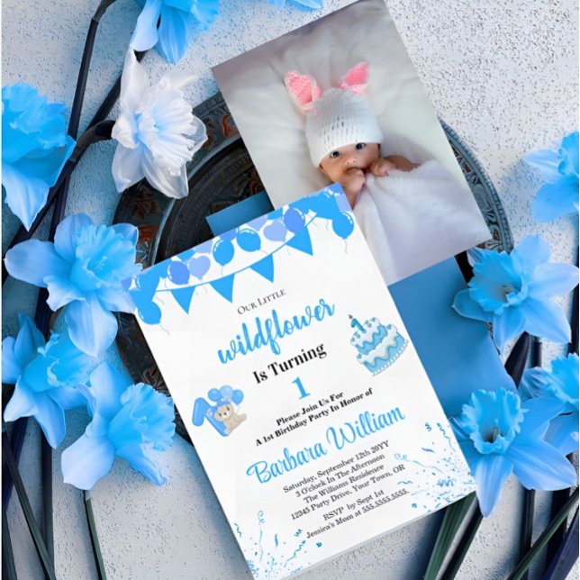 Convite Blue Teddy Bear First Birthday Photo Invitation (Criador carregado)
