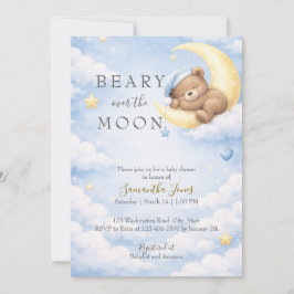 Convite Blue Teddy Bear Moon Baby Shower Invitation
