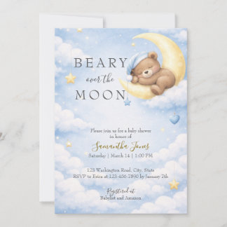 Convite Blue Teddy Bear Moon Baby Shower Invitation