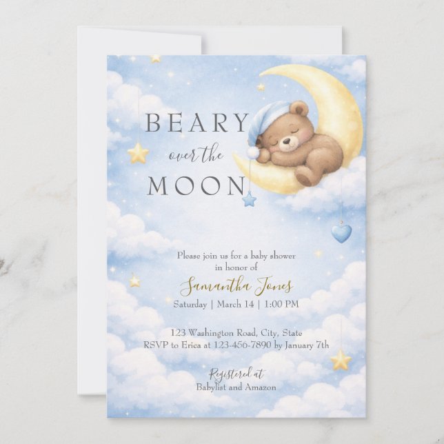 Convite Blue Teddy Bear Moon Baby Shower Invitation (Frente)
