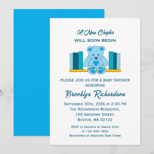Convite Blue Teddy Bear Novo Capítulo Chá de fraldas Story (Frente/Verso)