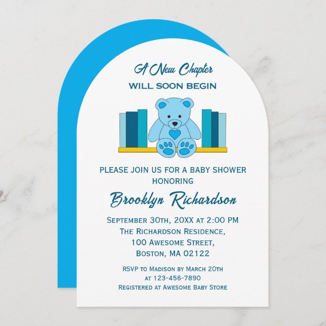 Convite Blue Teddy Bear Novo Capítulo Chá de fraldas Story (Frente/Verso)