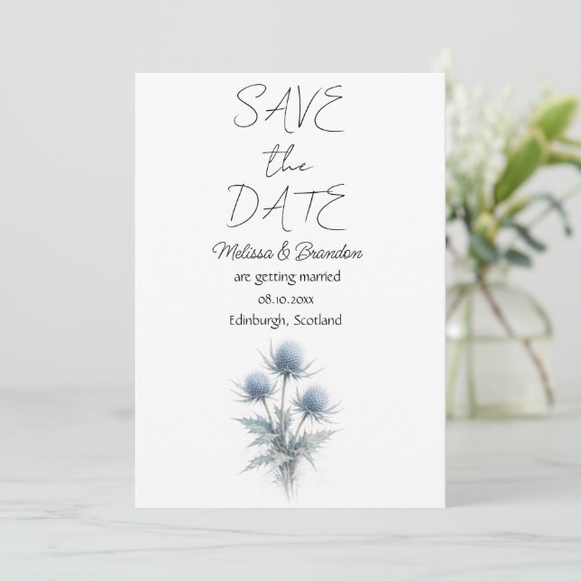 Convite Blue Thistle Scottish Floral Elegant Wedding  (Em pé/Frente)