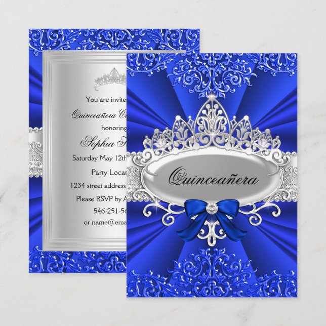 Convite Blue Tiara & Damask Quinceanera Invite (Frente/Verso)