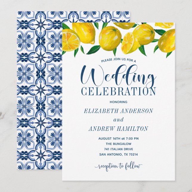Convite Blue Tile Italian Lemon Wedding Invitation (Frente/Verso)