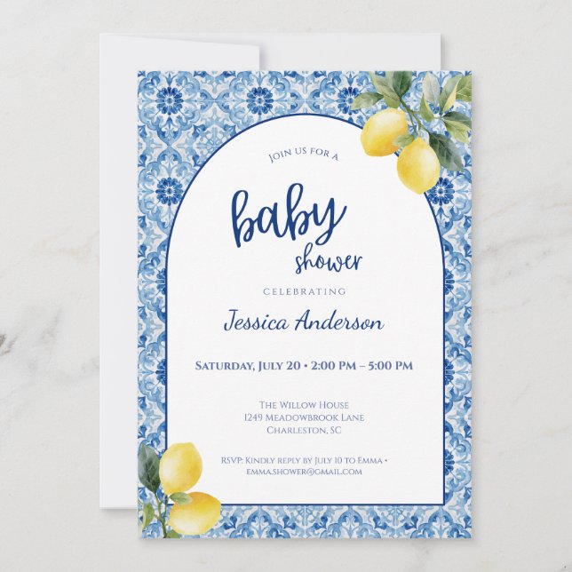 Convite Blue Tile Lemon Baby Shower Invitation (Frente)