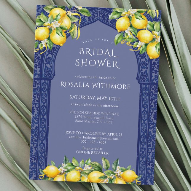 Convite Blue Tile Lemon Mediterranean Bridal Shower (Criador carregado)