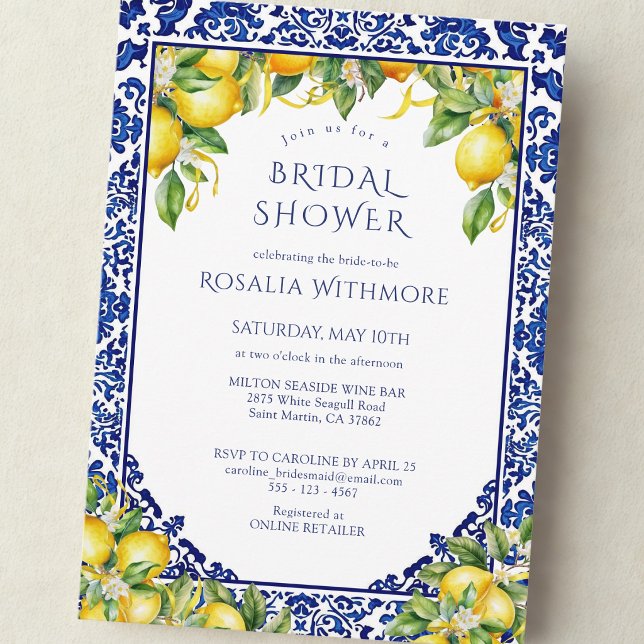 Convite Blue Tile Lemon Mediterranean Bridal Shower (Criador carregado)