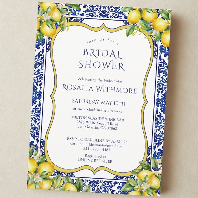 Convite Blue Tile Lemon Mediterranean Bridal Shower (Criador carregado)