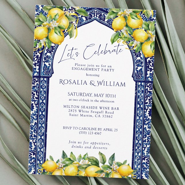 Convite Blue Tile Lemon Mediterranean Engagement Party (Criador carregado)