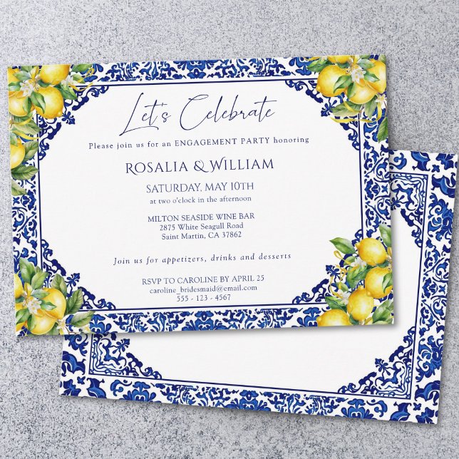 Convite Blue Tile Lemon Mediterranean Engagement Party (Criador carregado)
