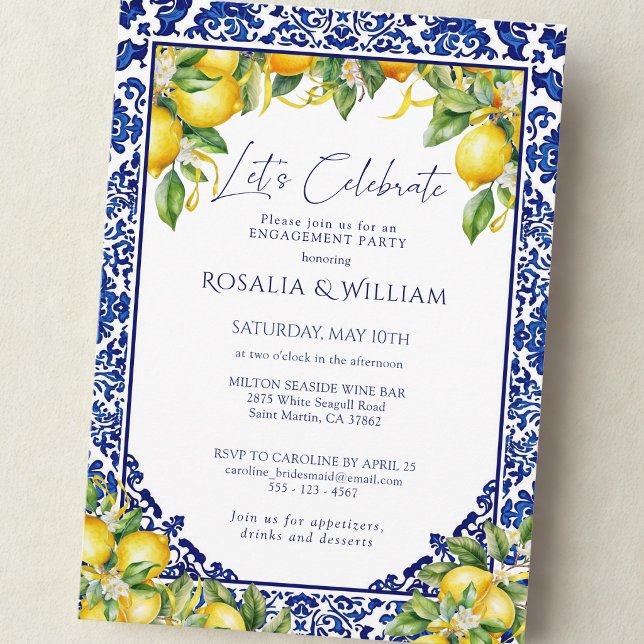 Convite Blue Tile Lemon Mediterranean Engagement Party (Criador carregado)