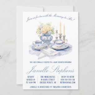Convite Blue Toile China, Chá de fraldas vitoriano do Tea
