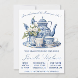 Convite Blue Toile China, Chá de fraldas vitoriano do Tea 