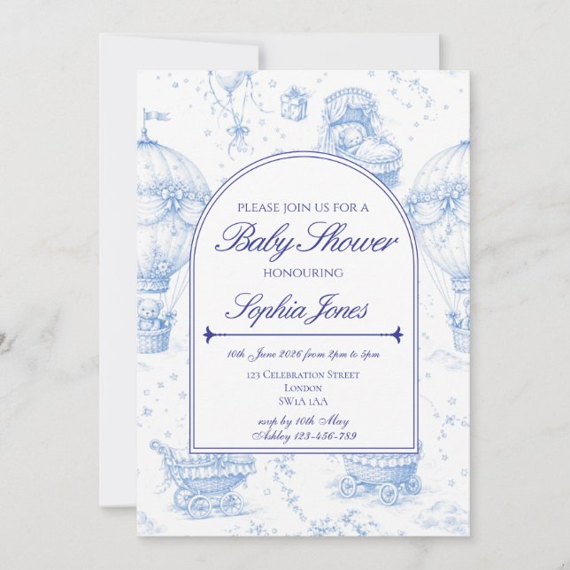 Convite Blue Toile de Jouy Baby Shower Invitation (Frente)